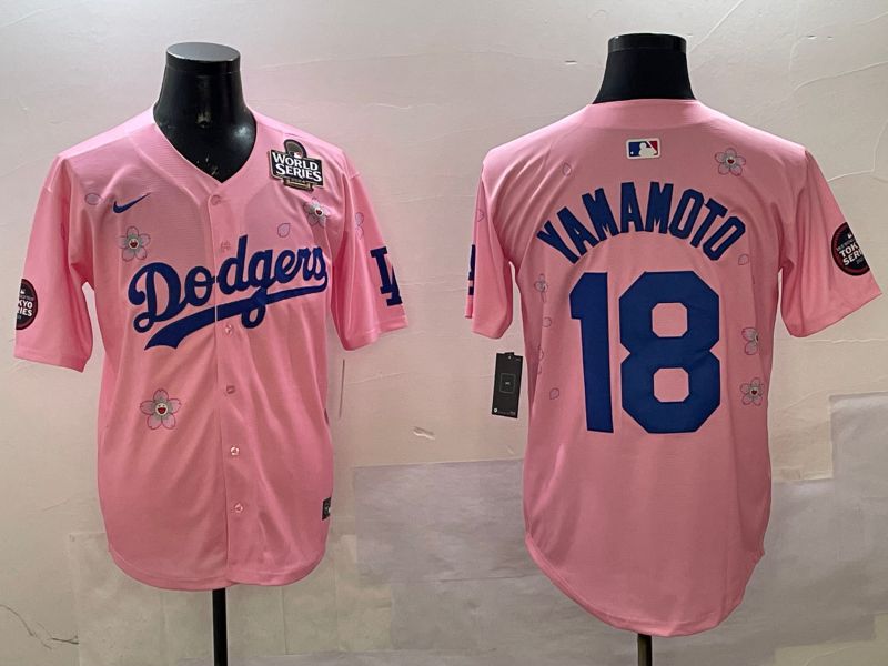 Men Los Angeles Dodgers 18 Yamamoto Pink Sakura Edition 2025 Nike MLB Jersey style 3